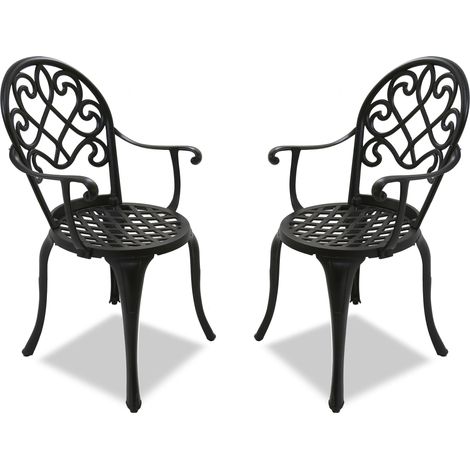 Homeology Prego 2-Large Garden & Patio Bistro Chairs with Armrests in Cast Aluminium Black (1/5)