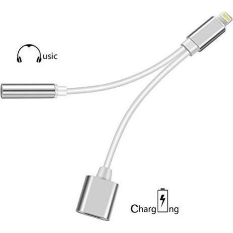 Cable Double Adaptateur charge Lightning Audio prise jack 3.5mm Argent chargeur pour iPhone 11 Pro Max - Marque Yuan Yuan (1/2)