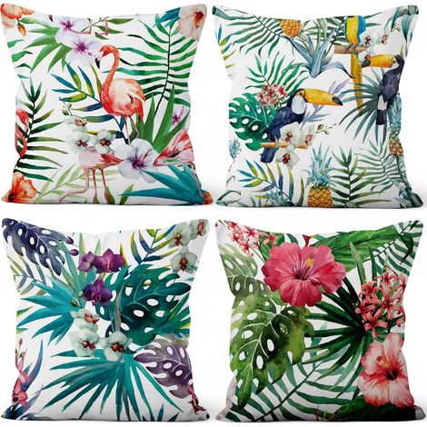 Housses de Coussin Lot de 4, Coussin D'Été Tropical Couvre Le Motif Fleur Feuille Flamant Rose Doux Court Peluche Carré Taie d'oreiller pour Sofa Canapé Chambre Chaise Domicile Décor 40x40cm (1/5)