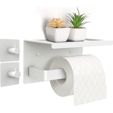 Porte-papier toilette sans perçage - En aluminium - Avec étagère de 17 cm - Avec 2 crochets adhésifs - Montage mural - Pour cuisine et salle de bain - Blanc (1/5)