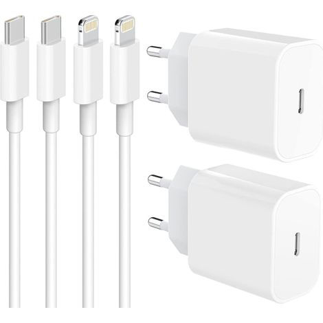 (2x) Chargeur rapide pour iPhone, adaptateur secteur USB-C 20 W + câble, blanc
