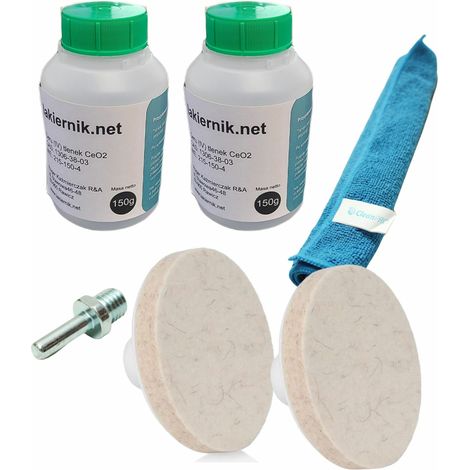 Kit de réparation de vitres 300g – Oxyde de cérium pour élimination rayures – 2 flacons + disque feutre 75mm – Polissage phares et miroirs