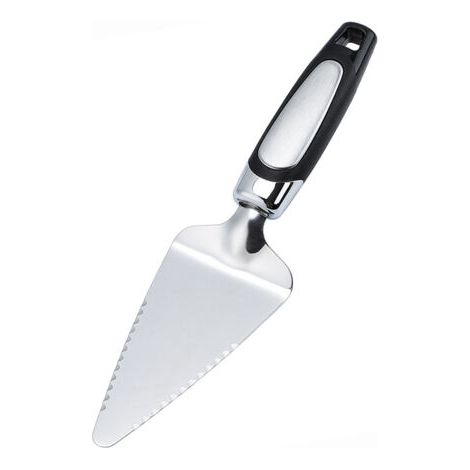 Pelle à tarte à pizza, découpeuse, trancheuse, spatule de coupe, spatule, design à double lame, poignée douce, acier inoxydable, argent/noir (25 cm) (1/5)