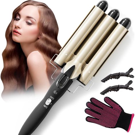 3 Head Curling Iron, 22 mm, 2 Temperature, with 2 Clips and a Glove Waving Iron,Ceramic Curly Hair Barrels Wavy,30s Fast Heating Curling Iron for Long Short Hair (1/5)