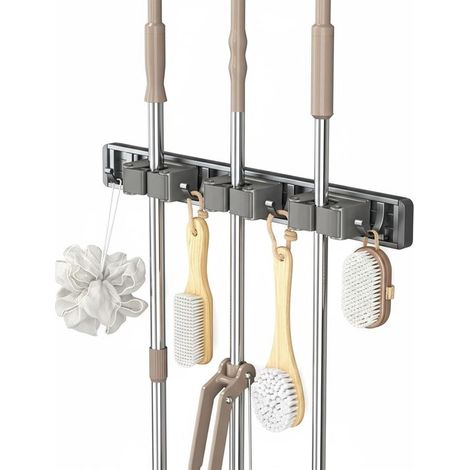Appendi scope e mocio - Organizer con ganci - Organizza lo spazio - Chiusura regolabile - 3 supporti 4 ganci - Grigio
