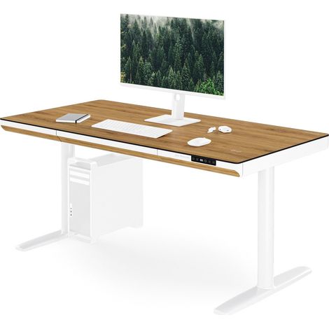 Bureau électrique assis-debout avec tiroir et chargeur sans fil Qi blanc/chêne doré, 1400 mm: ELLIS