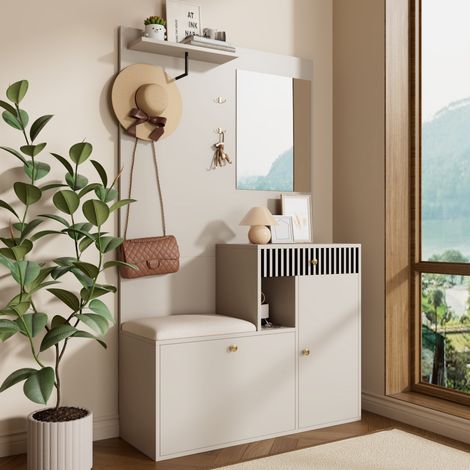 Meuble porte-manteau d'entree en MDF beige et creme avec miroir et assise rembourree, 110 x 37 x 185,5 cm (1/5)