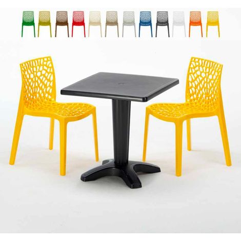 Table Carrée Noire 70x70cm Avec 2 Chaises Colorées Grand Soleil Set Bar Café Gruvyer Aia - Jaune