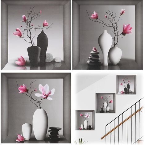 Lot de 3 Stickers Muraux 3D Vase avec Fleurs, cadre decoration murale,Décorations Adhésives pour Mur 30x30 cm, Autocollants 3D pour Salon, Chambre, Cuisine, Bureau et Plus (1/5)