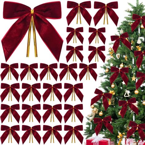 Sollbry 24 nœuds Rouges pour Sapin de Noël,nœuds,Rouge foncé,Rubans de Noël rouges en effet velours,détails dorés,forme tridimensionnelle, décoration (1/5)