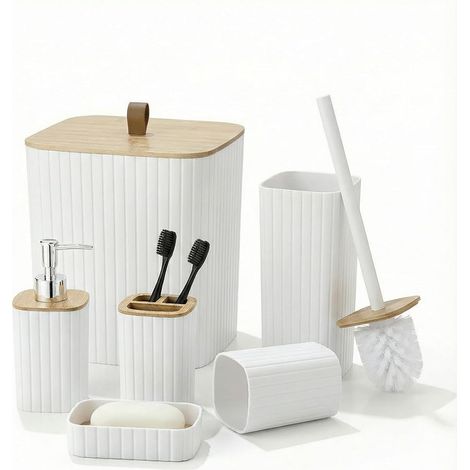 Set De 6 Accessoires De Salle De Bain, Noir avec Couvercle en Bambou, Comprend Poubelle, Brosse À Toilette, Porte-Brosses, Récipient À Savon, Dispensateur, Taza À Bain-Mouche (1/5)