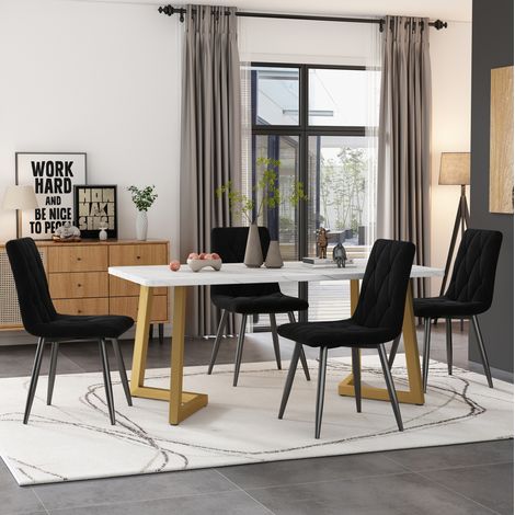 CHICFURN Set tavolo da pranzo 117x68 cm in MDF bianco effetto marmo, 4 sedie nere (1/5)