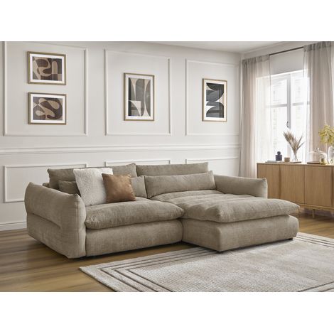 Bobochic – Canapé d'angle fixe 3 places – Tissu texturé taupe – Longueur 276 cm – Largeur 140 cm – Hauteur 86 cm – Confort moelleux (1/5)