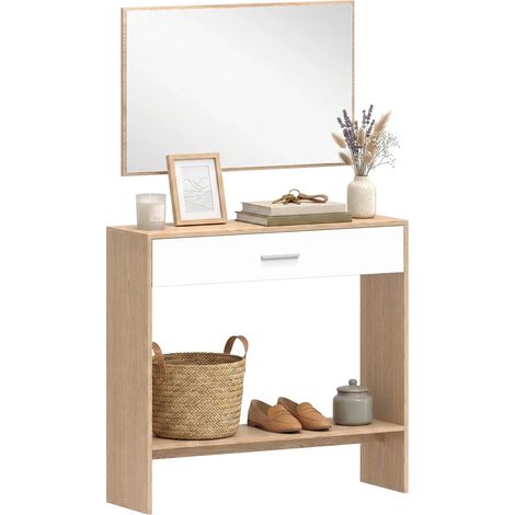 Console d'entrée avec miroir mural, table d'entrée compacte avec tiroir et étagère ouverte, rangement pratique pour clés, lunettes et chaussures, de CHICFURN (1/5)
