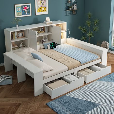 Letto matrimoniale 140x200 cm con 2 cassetti, USB, Type-C e luce da lettura, in legno, bianco, senza materasso (1/5)