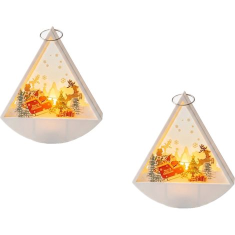 Juego de 2 farolillos navideños triangulares para colgar, iluminados con LED, con Papá Noel, su trineo y sus renos. (1/4)