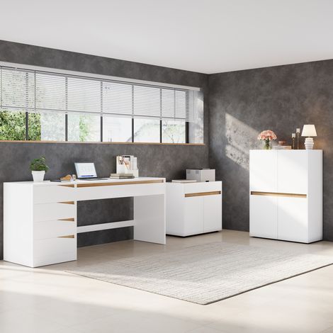 Modernluxe - Ensemble de mobilier de bureau 3 pièces - 1 bureau et 2 caissons de rangement - Grand rangement - Blanc et chêne (1/5)
