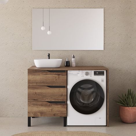 Meuble lave linge 124cm avec plateau et vasque arrondie - 3 tiroirs - tabacco (chêne foncé) - SANTA (1/5)
