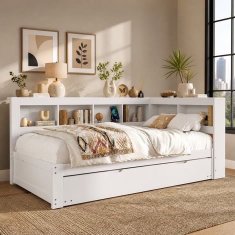 Sofá cama 140 x 200 cm con cama nido extraíble, 2 cajones, enchufe y 2 puertos USB, en MDF y pino, color blanco, ideal para espacios pequeños CHICFURN (1/5)
