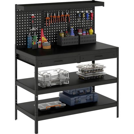 Établi d’atelier avec panneau perforé, 2 tiroirs et 2 étagères réglables, charge maximale 272 kg, 122 x 61 x 156 cm, noir