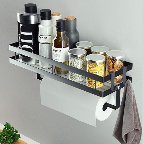 Étagère à épices murale sans perçage,etagere rangement,étagère à épices suspendue avec porte-rouleau de cuisine et 4 crochets amovibles, etagere cuisine, 35 cm Noir (1/5)