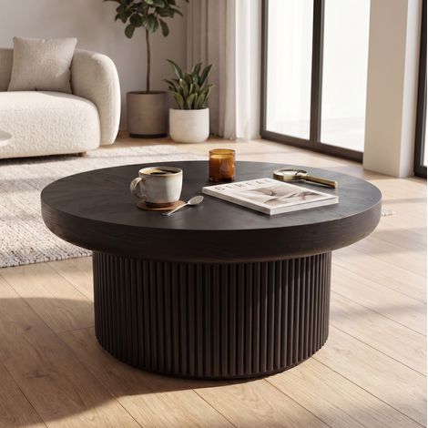 Mesa de centro redonda, 78 cm, con tablero de 8 cm de grosor, base cilíndrica estriada, madera de ingeniería, para salón - negra (1/5)