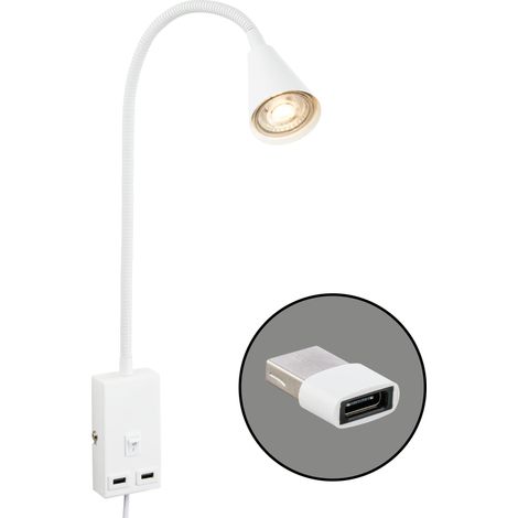 Lampe de lecture avec port USB, interrupteur marche/arrêt, orientable, fiche, applique intérieure, lampe murale, lampe de lit, hauteur 50 cm, blanc (1/5)