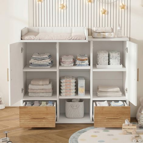 Table à langer multifonction avec rangement, commode bébé, barrière amovible, table à langer avec étagères, design ergonomique, blanc, 114 x 53 x 92 cm (1/5)