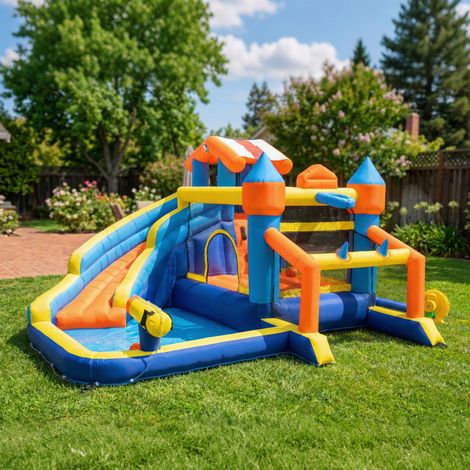 Château gonflable 8 en 1 avec souffleur, toboggan, pataugeoire, trampoline et mur d'escalade, pour intérieur et extérieur, dimensions 350 x 325 x 210 cm, multicolore (1/5)