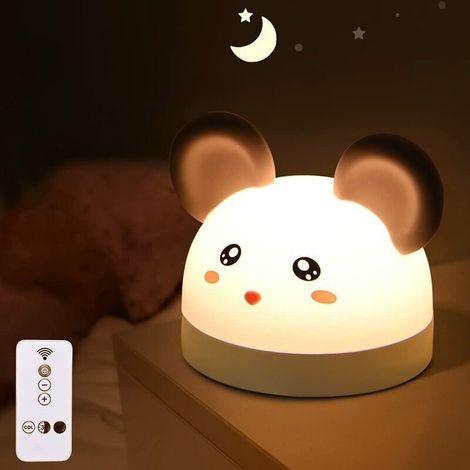 Reloj despertador y luz nocturna infantil 3 en 1 con 7 colores LED, portátil, con forma de ratón, de silicona, brillo ajustable y mando a distancia, recargable por USB. Luz nocturna para bebés [Clase (1/5)