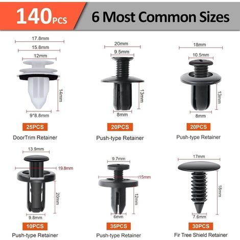 Rivet Clips Plastique,140pcs 6 Tailles Rivets Fixation de Protection, Clip Universel pour Auto Voitures Panneaux de Portes (1/5)