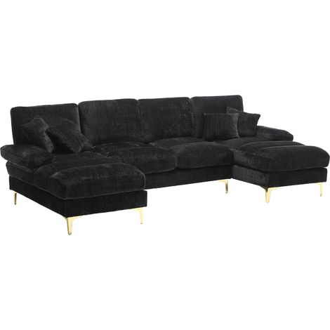Sofá seccional U de chenilla negro con doble chaise longue y patas metálicas doradas (1/5)