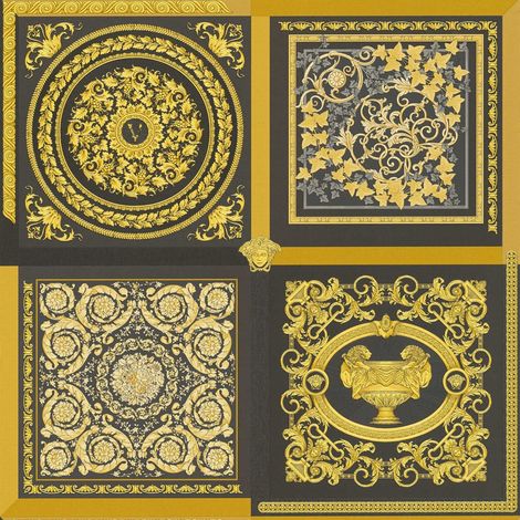Papier peint baroque noir et jaune Tapisserie effet carreaux en mosaïque Papier peint luxe ornements idéal pour couloir (1/2)