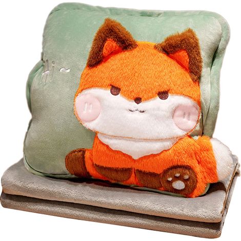 Ensemble couverture et oreiller de voyage multifonctionnel en peluche mignonne avec motif animal renard, idéal pour le bureau, la résidence étudiante ou la maison. (1/5)