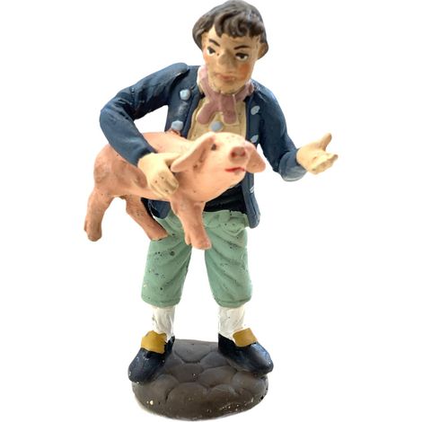 Uomo con maiale statuetta in terracotta artigianale per presepe napoletano da h 10 cm