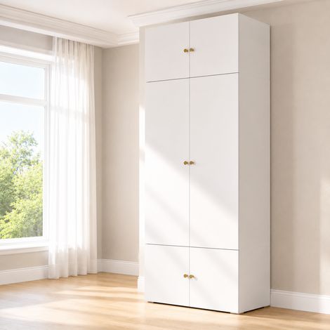 Armoire haute 200 cm avec penderie et 5 espaces de rangement, dressing moderne avec portes battantes pour chambre, enfant et bureau, Blanc (1/5)
