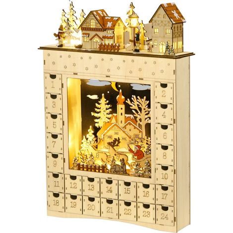 LED-Adventskalender in Form eines verschneiten Dorfes mit 24 Schubladen, beleuchteter Weihnachtsdekoration, beige (1/5)