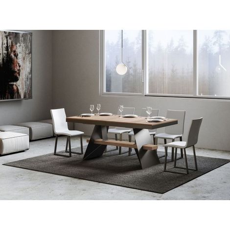 Table à rallonges bois clair et pieds métal gris 6 à 20 places L 160 à 420 cm Bary (1/5)