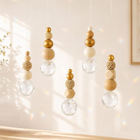 Pack of 5 Sun Catchers for Windows, DIY Sun Catcher Crafts, Crystal & Wooden Beads for Soft Rainbow Light, Suncatcher Window Decoration & Home Accessory Creates Cosy Atmosphere (1/5)
