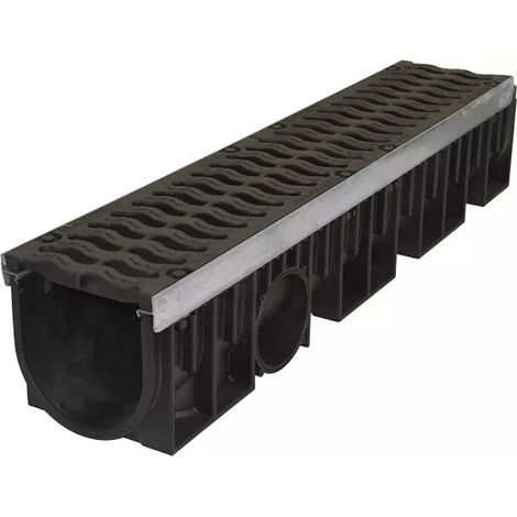 Canniveau longueur 1m avec 2 grilles fonte et feuillures en acier - Polypropylène Noir