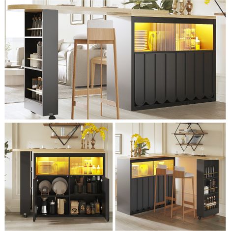 Table bar extensible 135-205×39×100cm MDF PB mobile roulettes freinées, éclairage LED pilotable APP synchronisé musique port USB, rangement étagère latérale portes coulissantes rayures minimalistes co (1/5)