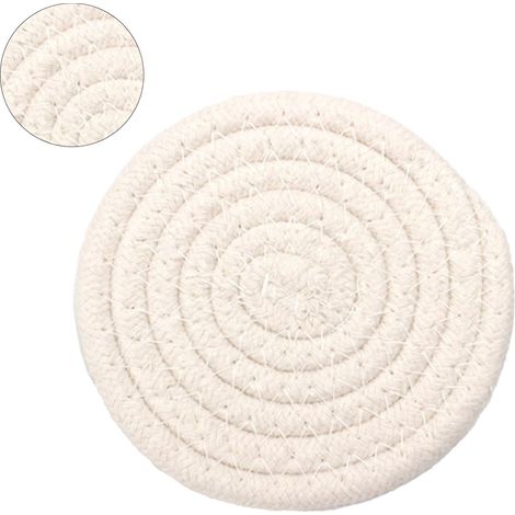 Dessous de verre rond en coton tissé à la main, 11 cm d'épaisseur, isolant et polyvalent, beige. (1/5)