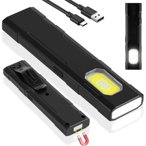 Mini Lampe de Poche Plate EDC, Cob Lampe de Travail,Mini Lampe Torche 120lm Lampe de Poche Rechargeable USB C avec Base Magnétique et Clip de Boucle, pour Camping, Randonnée, l'urgence(Noir) (1/5)