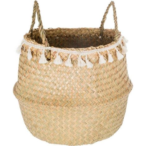 – Panier décoratif tressé en roseau et coton – 31 cm – Franges blanches – Pour rangement jouets et cosmétiques (1/5)