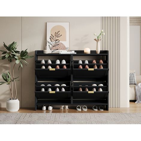 Scarpiere Nero 110x24x90 cm, 4 Ribalte, Ripiani Aperti, Ingresso (1/5)