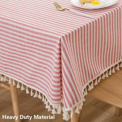 Nappe de table rectangulaire en tissu, Nappe à rayures rouge et blanche avec pompons, Nappes bohèmes pour tables rectangulaires (Rouge, 86x55 pouces, Rectangulaire) (1/4)