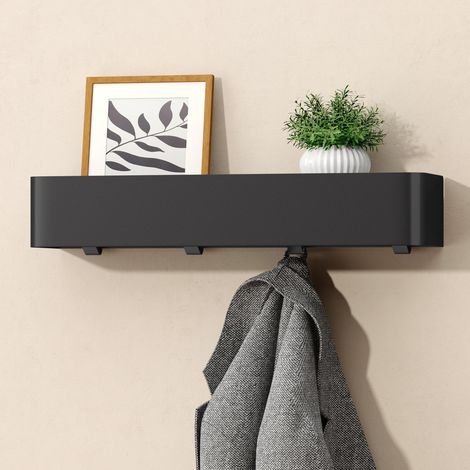 doporro Mensola con Attaccapanni da Parete Nascosti, Mensola in Metallo Rimovibile con Ganci per Ingresso, Camera da Letto, Bagno e Soggiorno, 40cm, Nero Sabbia, Reglo-05 (1/5)