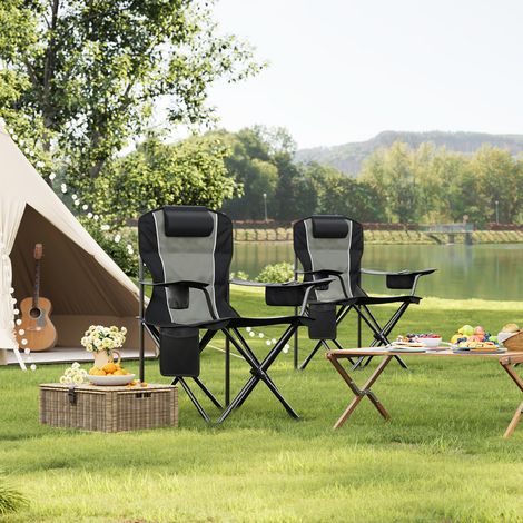 WOLTU Campingstuhl Klappstuhl mit Hochlehner Kühltasche Getränkehalter Seitentasche Anglerstuhl bis 150 kg belastbar, für Camping Angeln Strand, Schwarz+Dunkelgrau