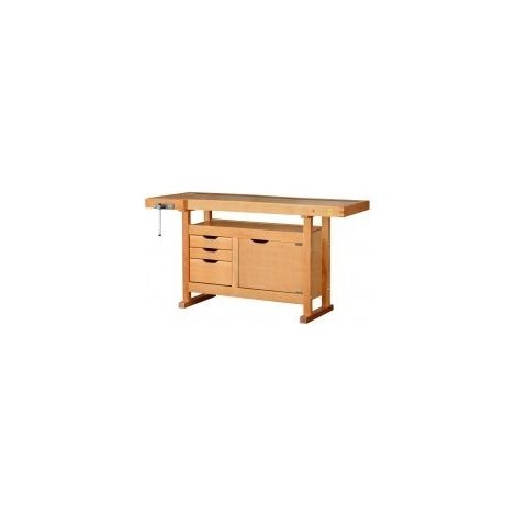 Outifrance – Etabli en bois 3 tiroirs 1 porte – Plateau en bois multiplis 25mm – Goulotte de rangement intégrée – Dimensions 1,50x0,50x0,82m