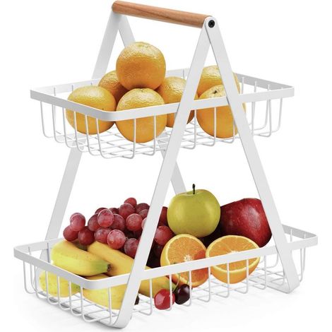 Corbeille à fruits à 2 étages, corbeille à fruits en métal, panier à pain, support de rangement pour légumes pour la cuisine, Blanc (1/4)